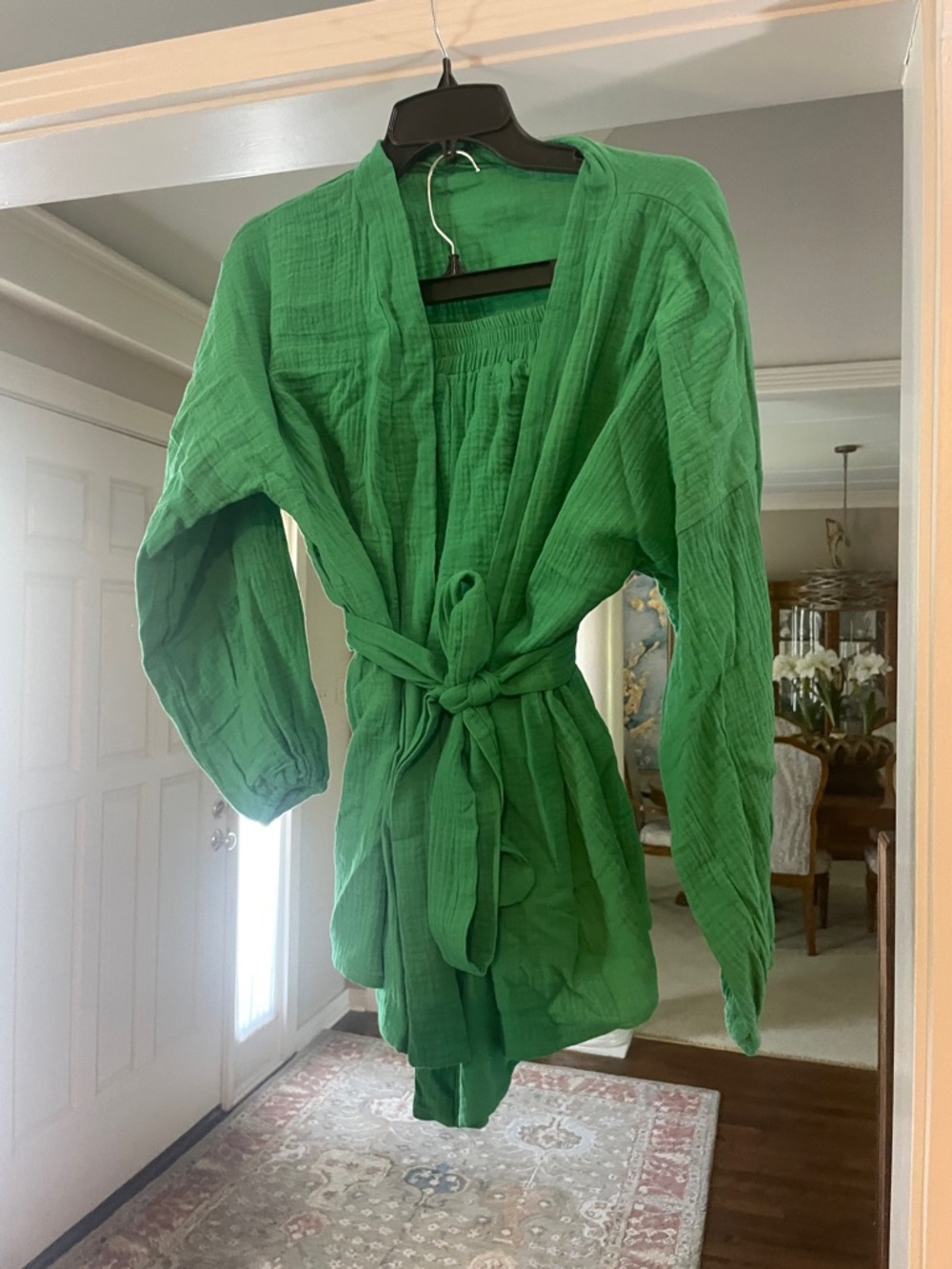 Green Gauze Tie-Waist Kimono Jacket with shorts